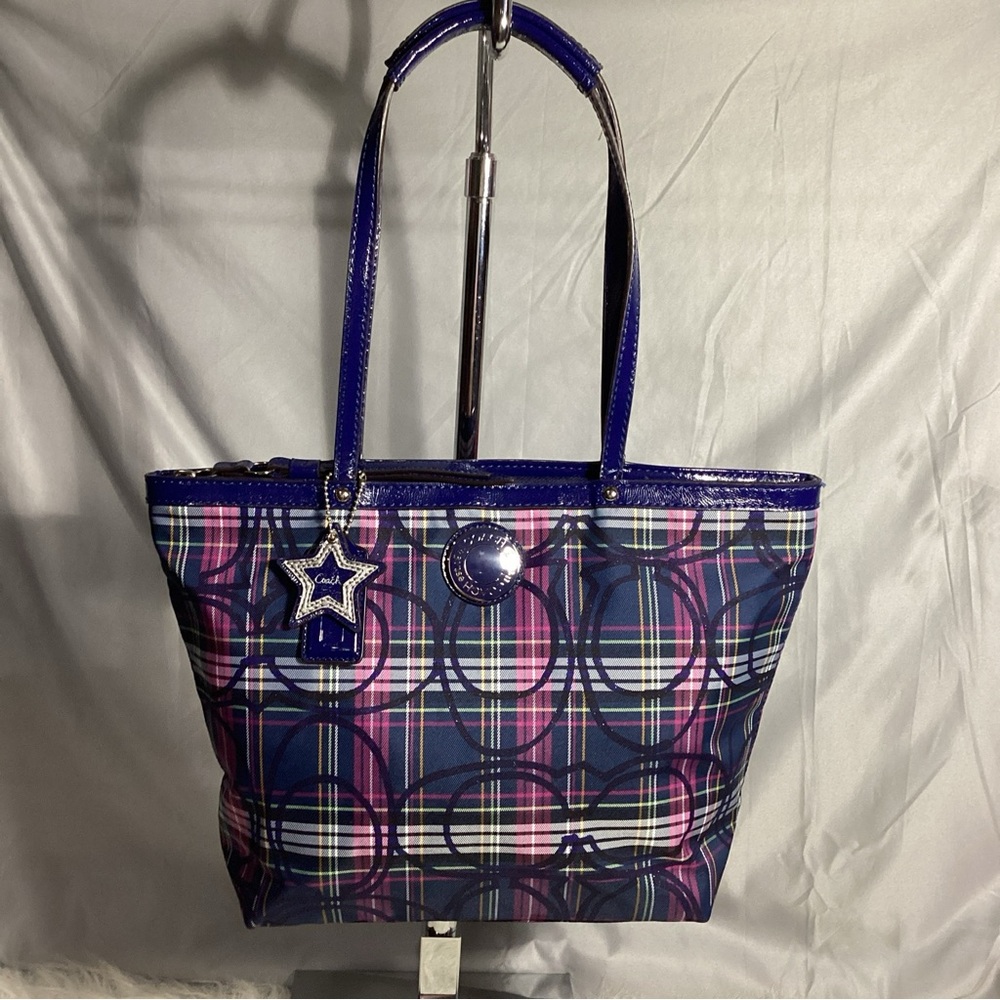 Coach Legacy Blue Plaid Sig C Canvas with Leather Shoulder Bag G1276-F20040 EUC